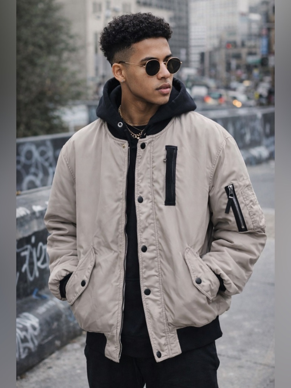 Projek Raw Bomber Jacket Medium Beige Streetwear Utility Zip Coat